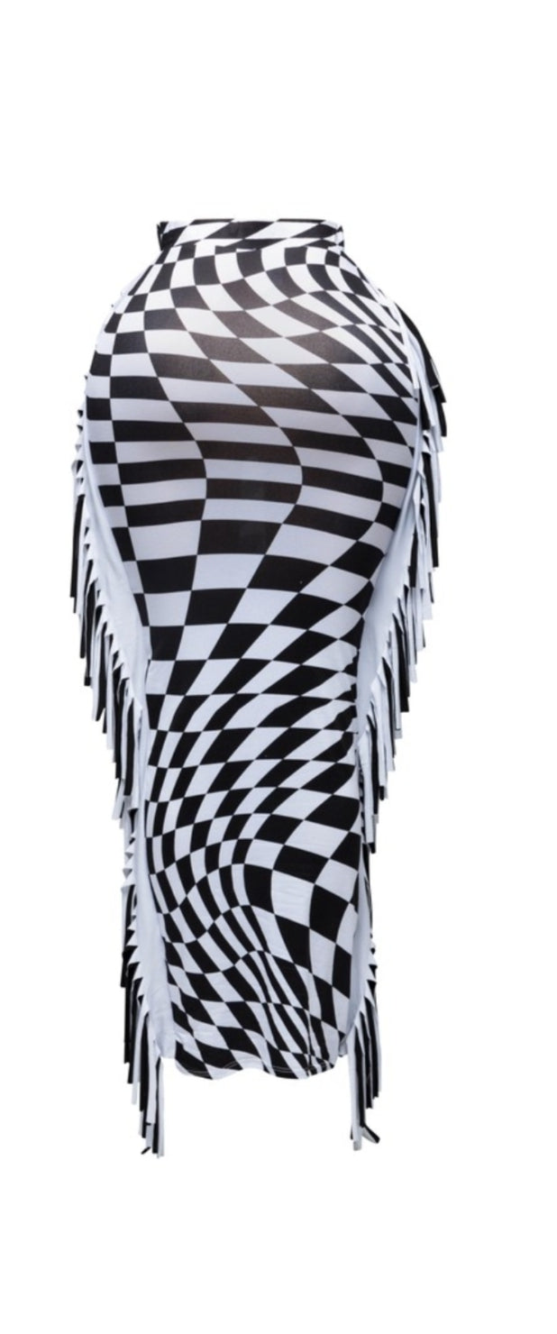 Checkered Maxi Fringe Skirt