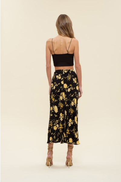 Black Floral Multi Side Slit Midi Skirt