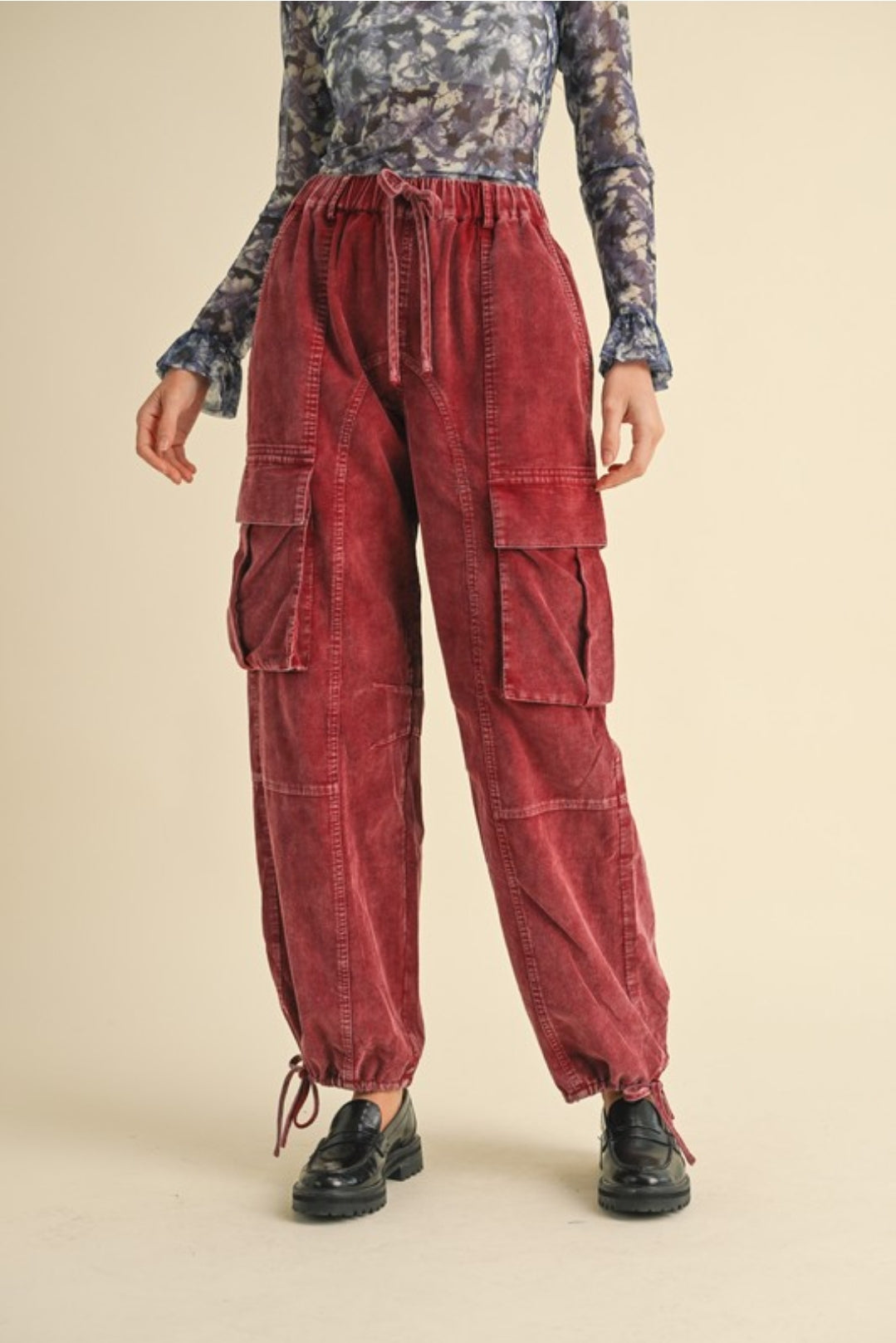 Burgundy Corduroy Drawstring Cargo Pants