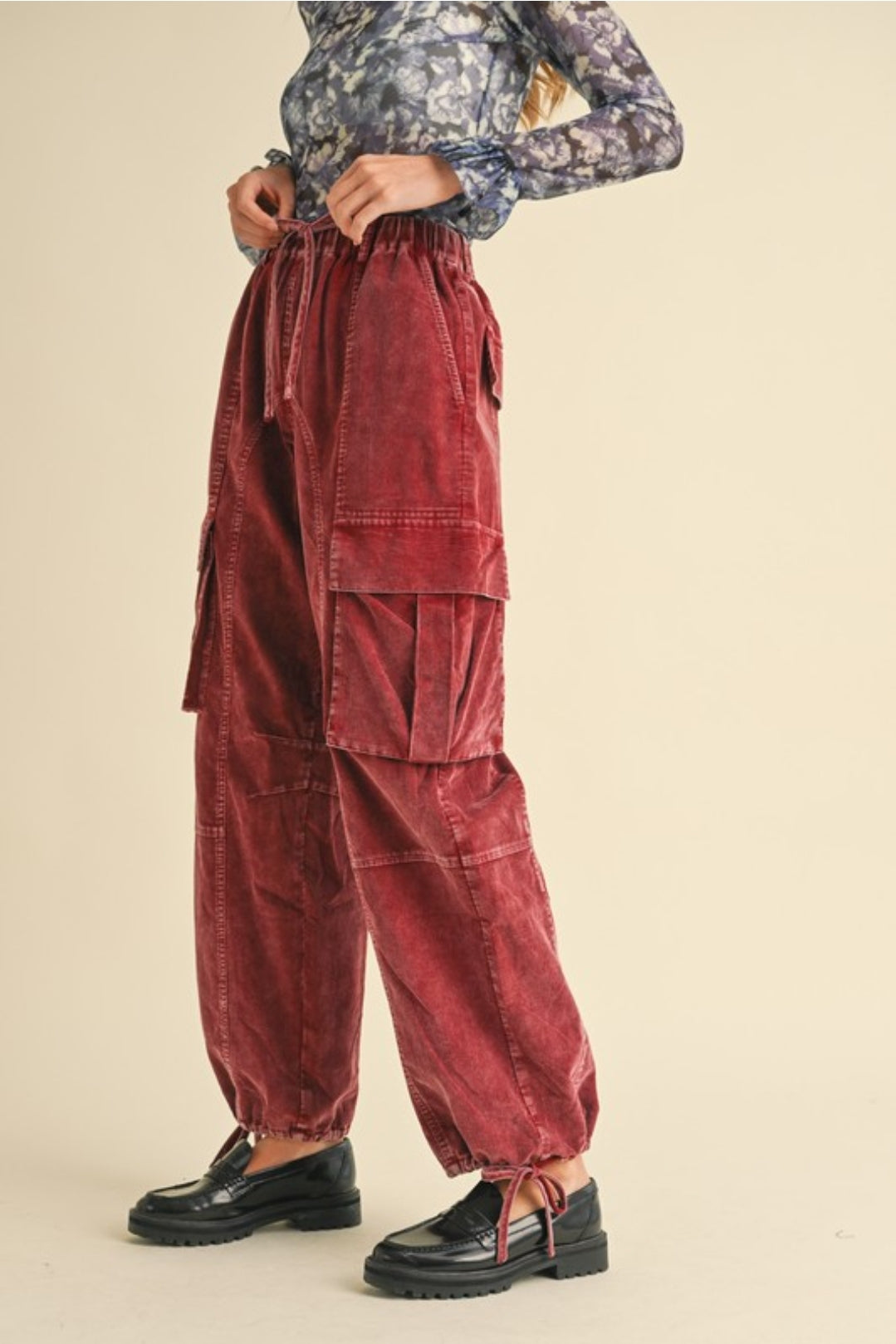 Burgundy Corduroy Drawstring Cargo Pants