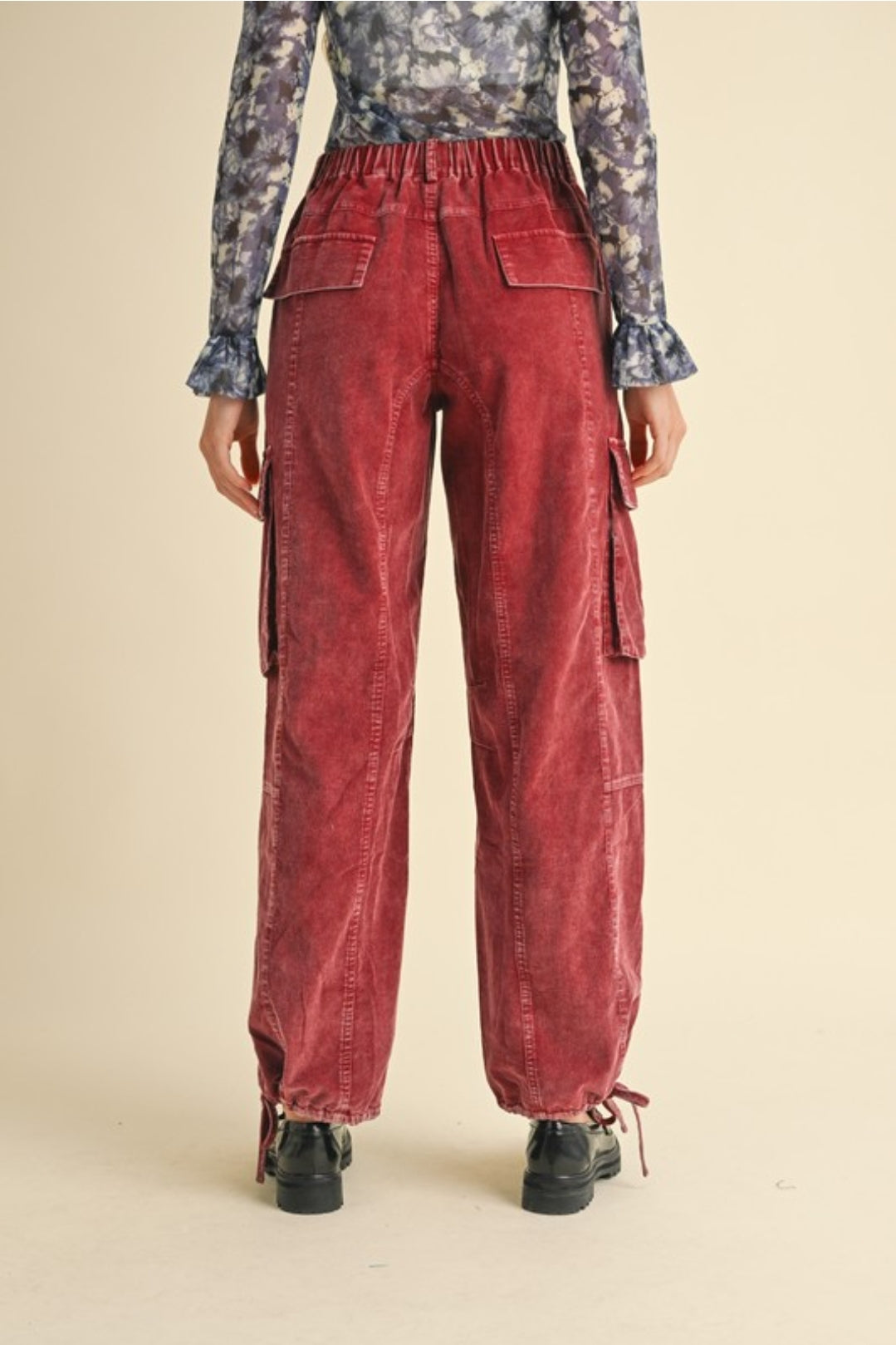 Burgundy Corduroy Drawstring Cargo Pants