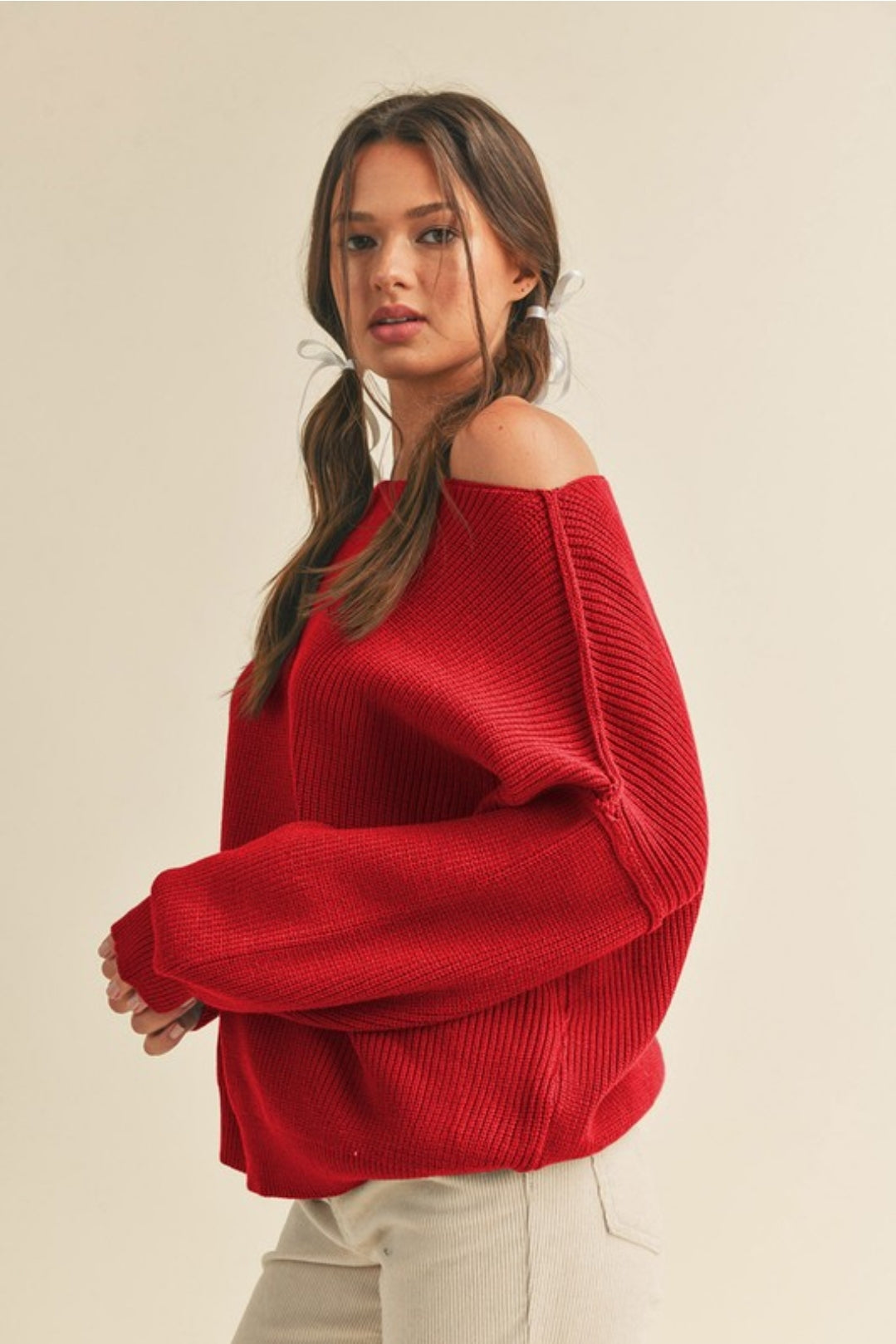 Boat Neck Bubble Sleeve Sweater - Scarlet