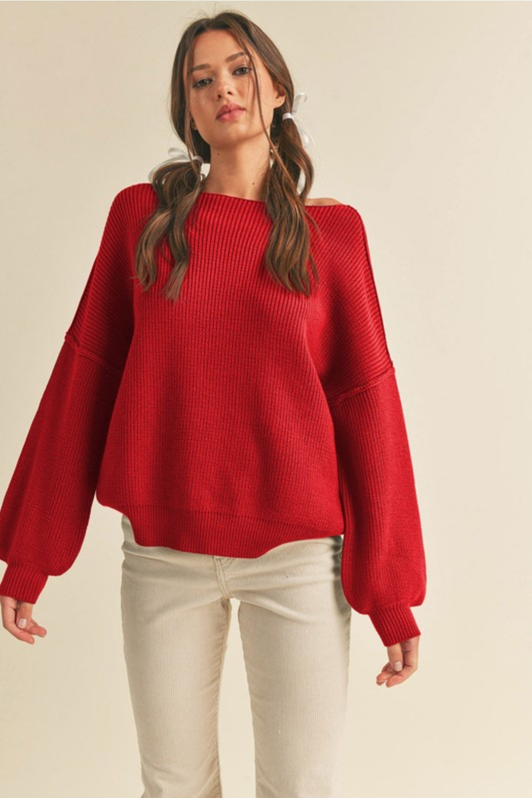 Boat Neck Bubble Sleeve Sweater - Scarlet