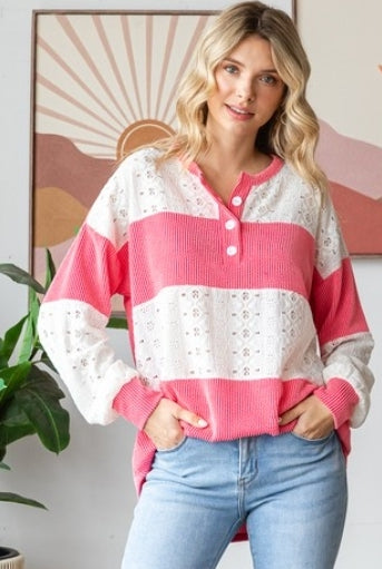 Coral Block Half Button Pullover