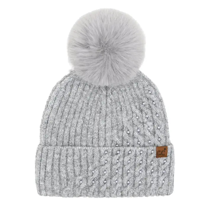 Pearl Embellishment Cable Knit Pom Beanie