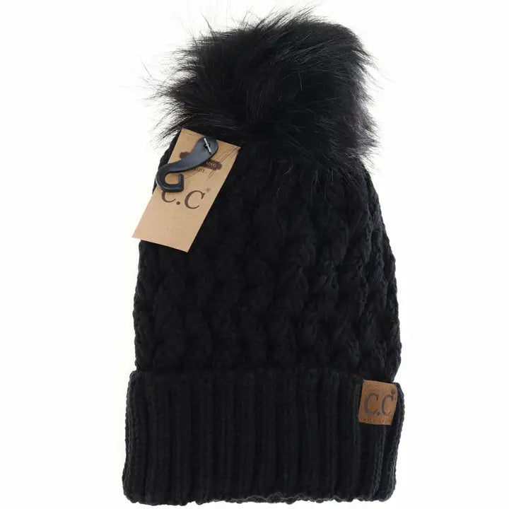 Lattice Stitch Fur Pom Beanie